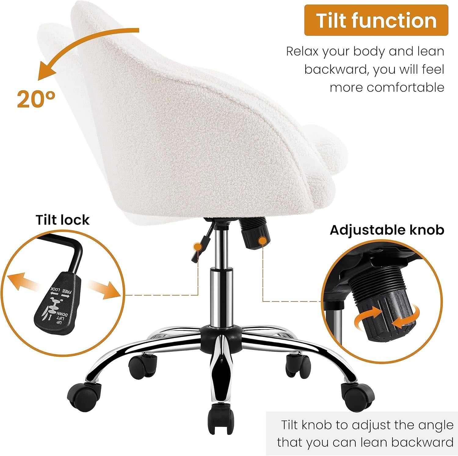 Boucle Office Desk Chair Adjustable Height Swivel Armchair Ivory Home Office Fur