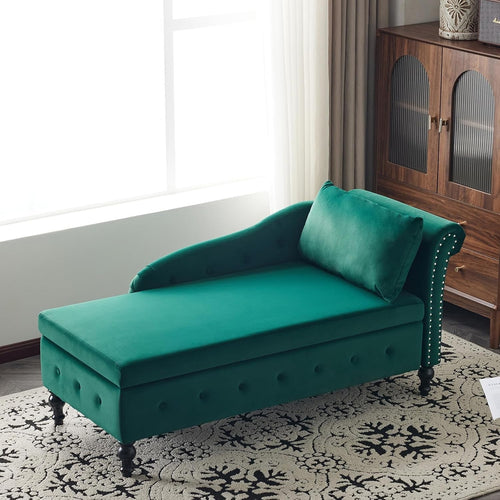 Velvet Chaise Lounge Sofa with Storage, Button Tufted, Green, Ergonomic