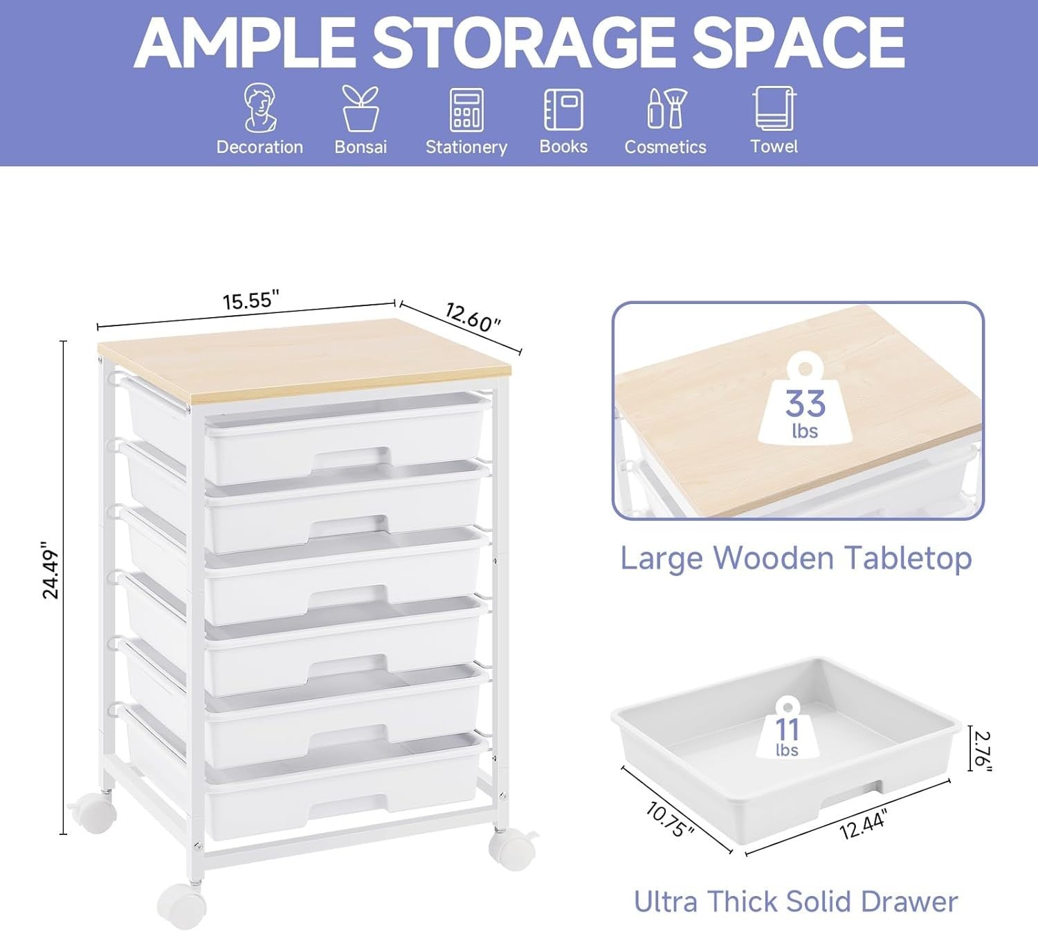 White 6 Drawer Rolling Storage Cart Utility Organizer Trolley Wheels