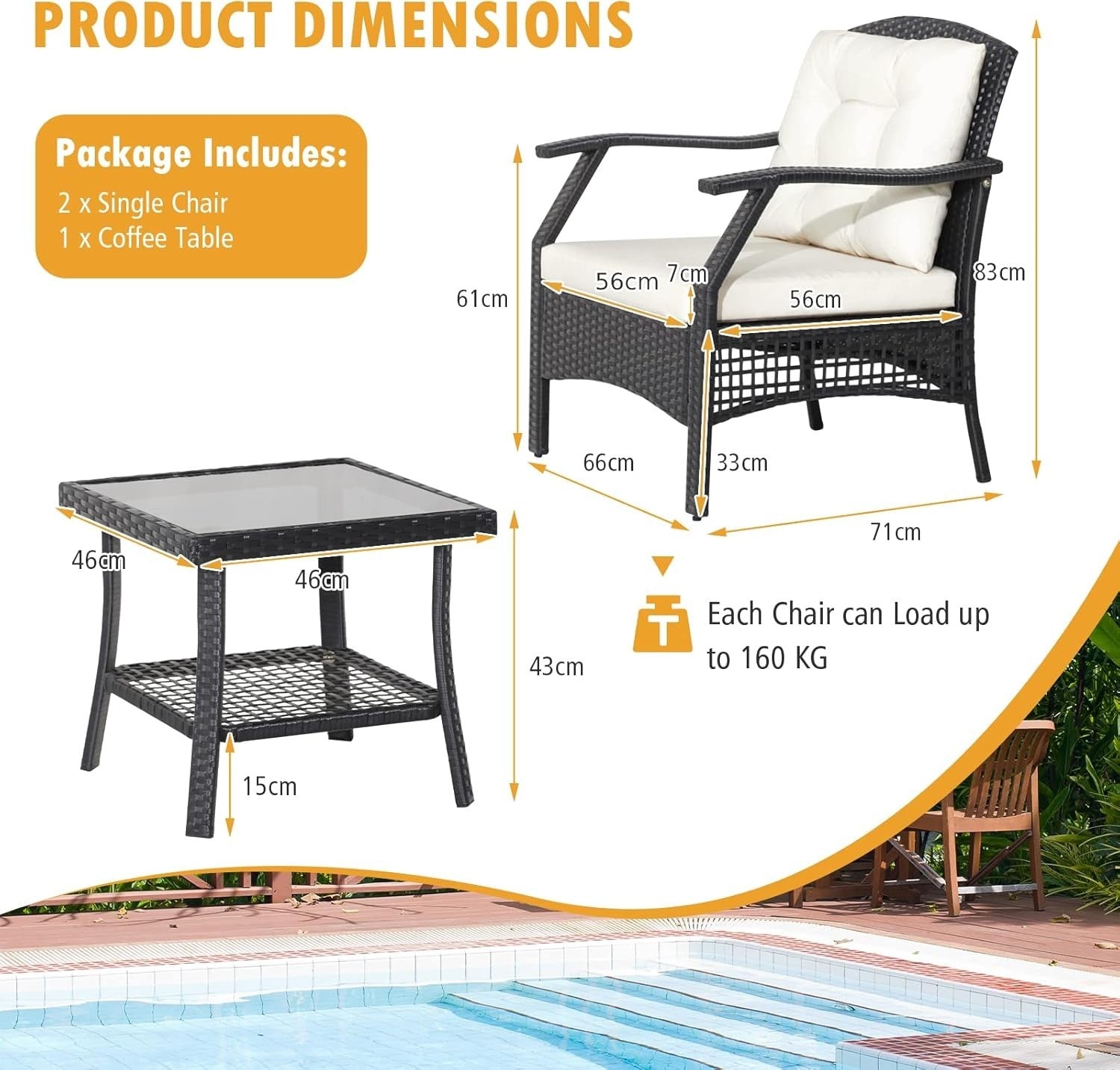 3pc Outdoor Rattan Garden Chairs Set with Cushioned Seating & Glass Table