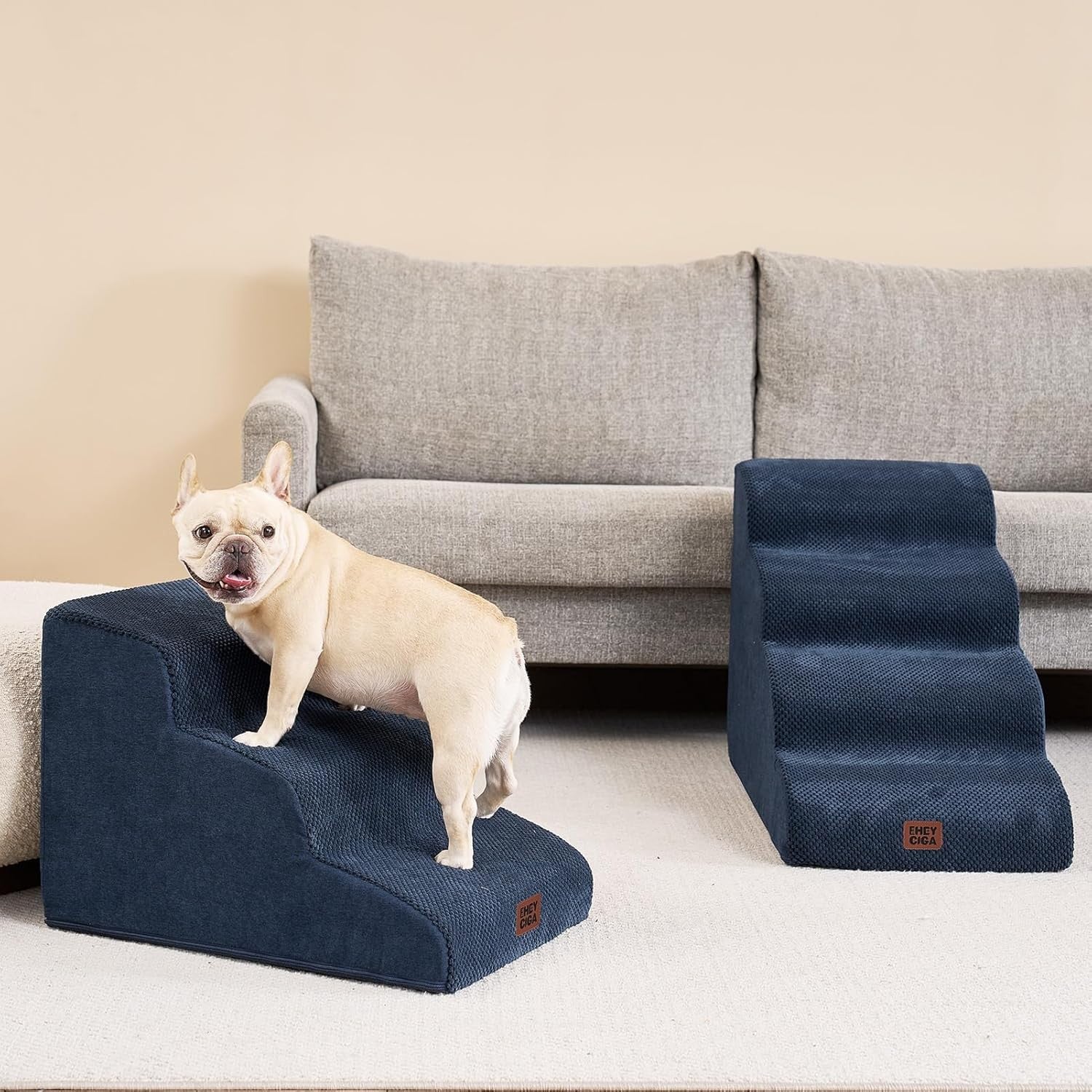 3 Step Dog Stairs for Bed Non Slip Foam Pet Steps Washable Navy