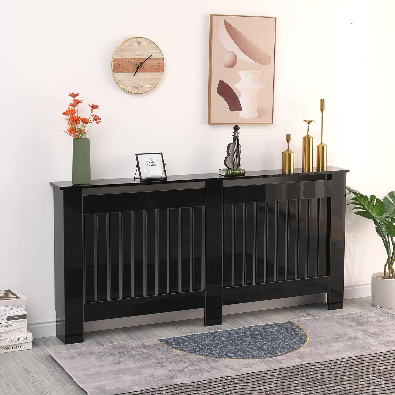 High Gloss Black Radiator Cover XL Modern Slatted Cabinet Shelf 172x19x85cm