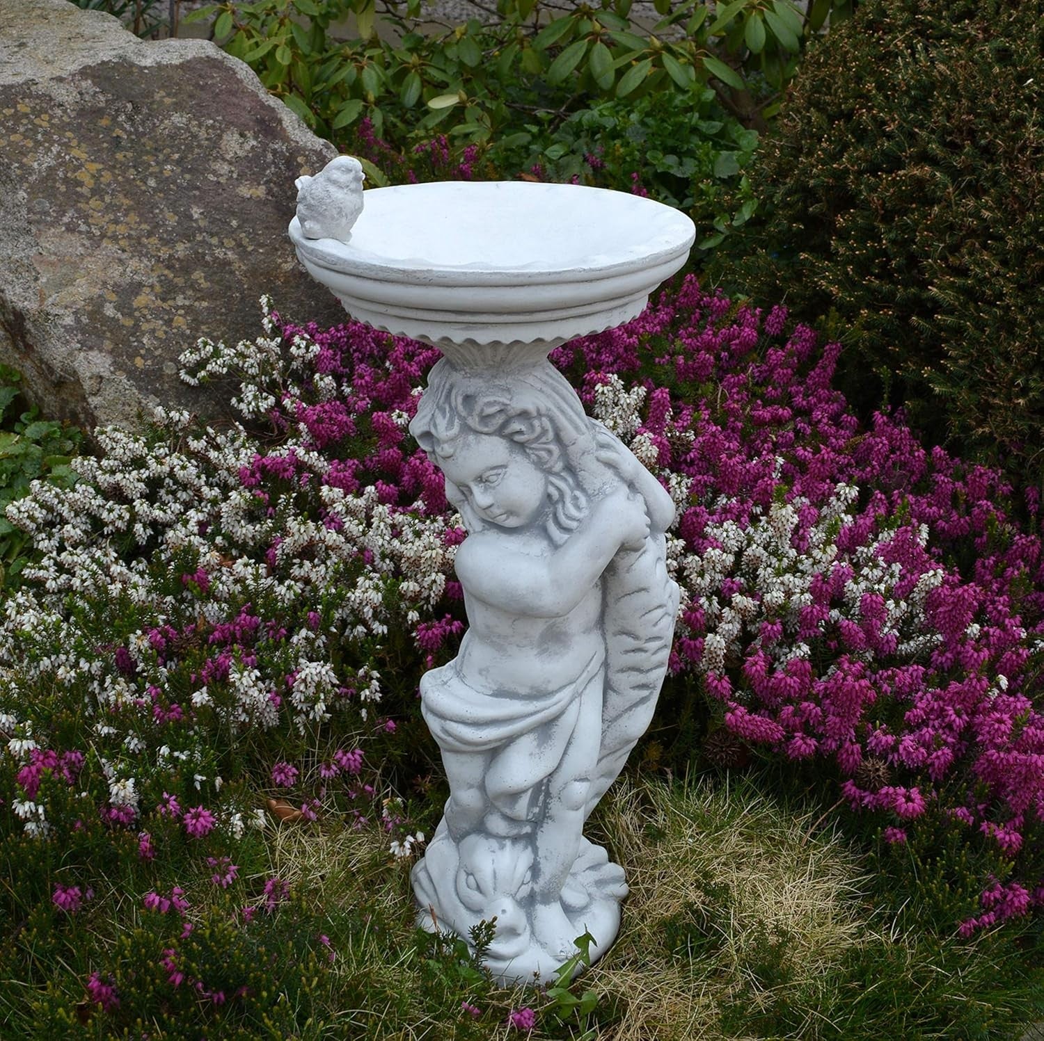 Boy with Large Stone Bird Bath Garden Ornament 54cm Frost-Proof Statue