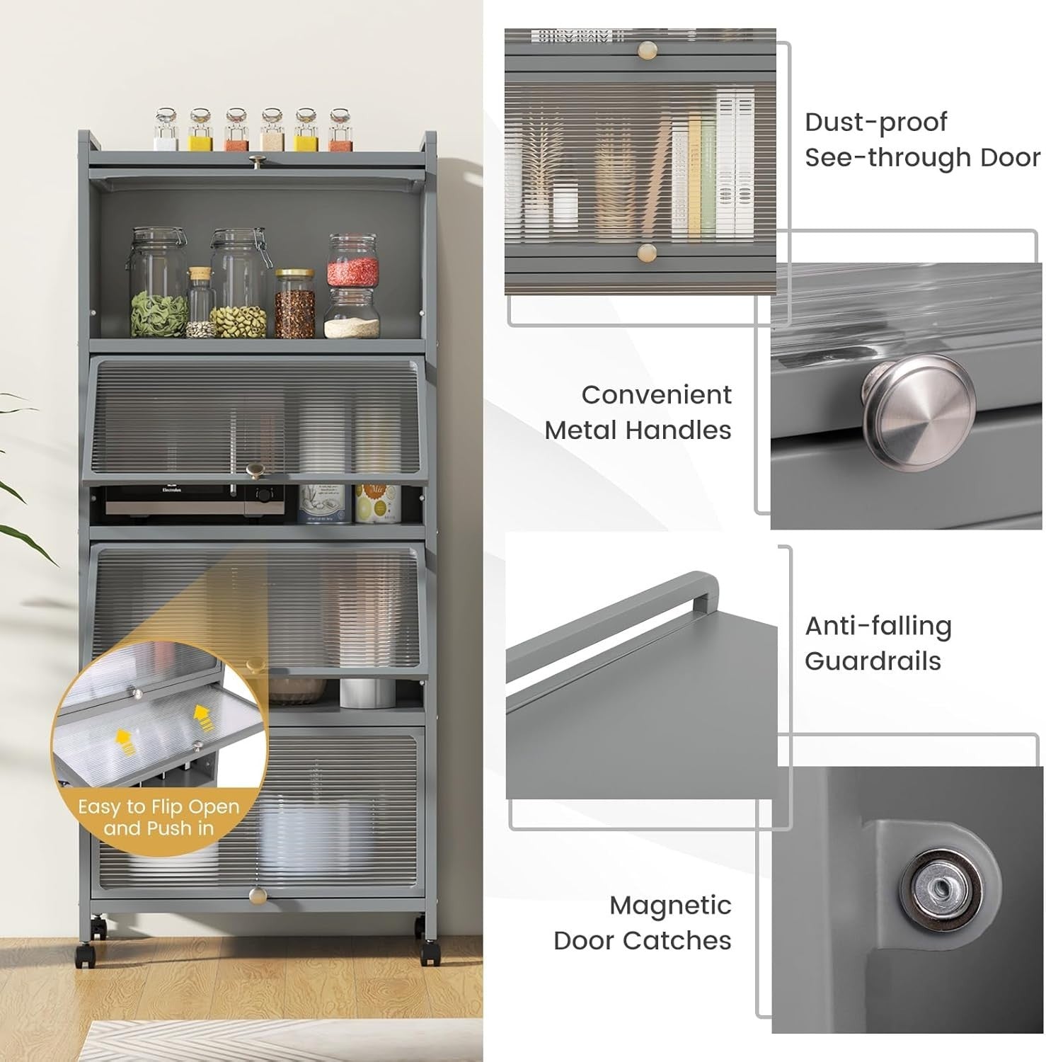 60x32x154cm Grey Rolling Kitchen Cabinet 5-Tier Pantry Storage with Wheels