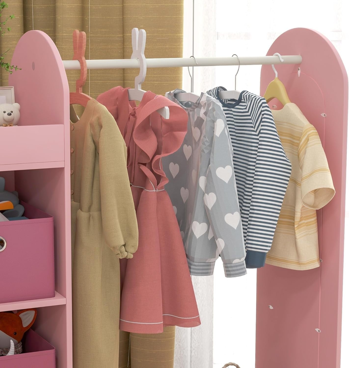 Kids Wardrobe with Mirror & Boxes, Dress Up Rail Pink