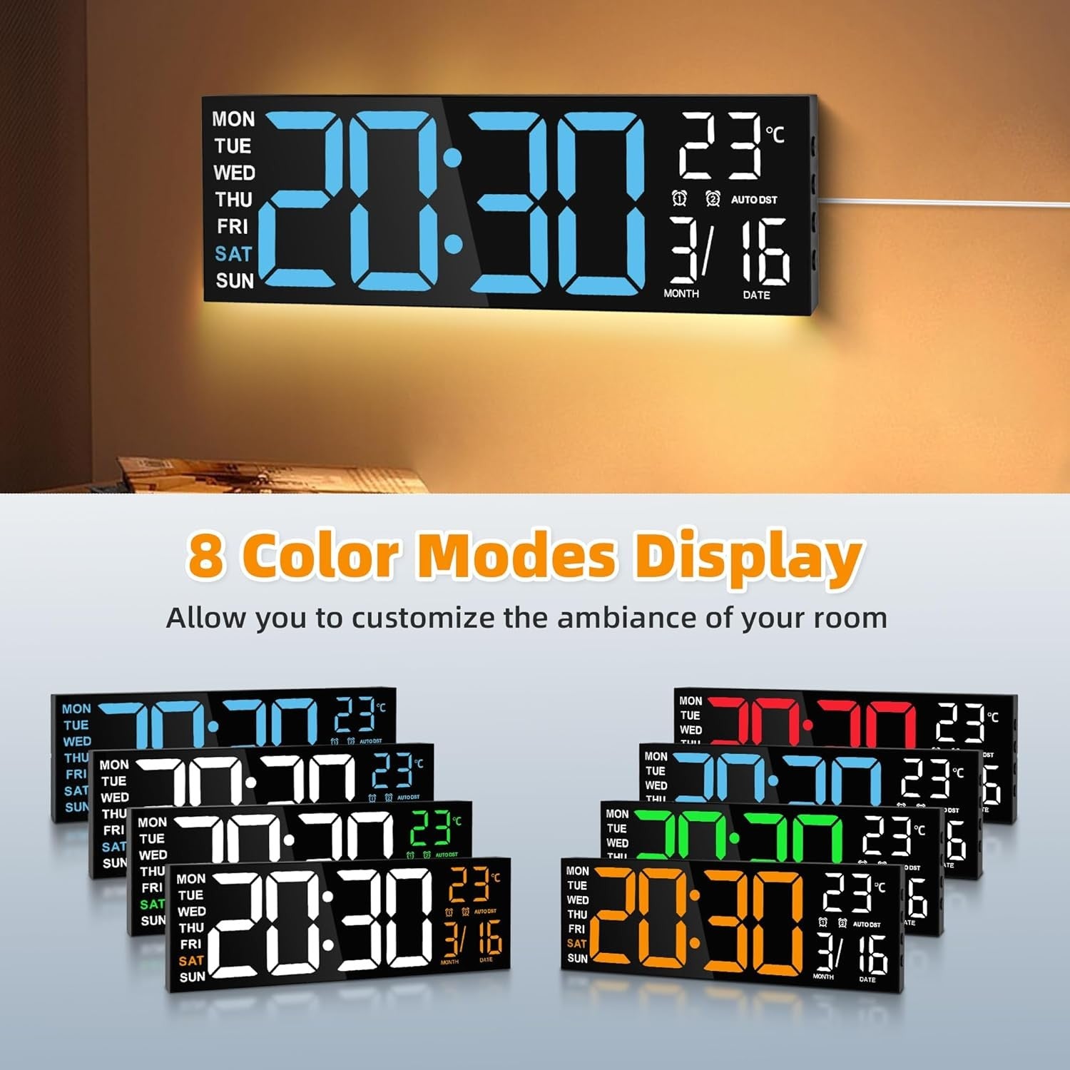 16 Inch Large Digital Wall Clock RGB Remote Dual Alarm Temp Date