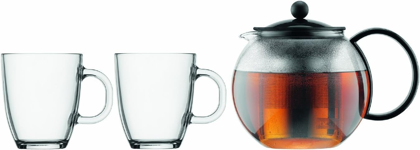 Glass Tea Press Set 1L Teapot Stainless Steel Filter 2 Mugs Included