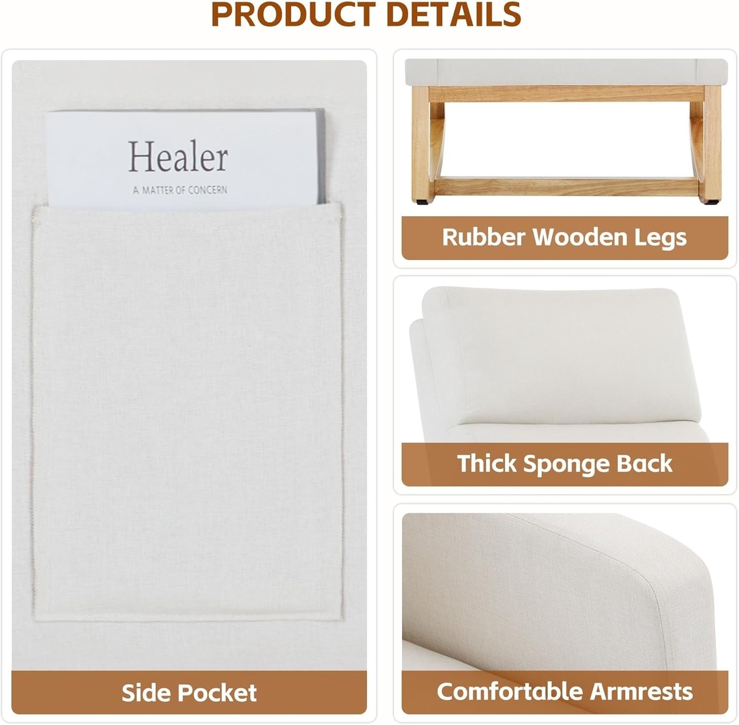 Linen Rocking Chair for Adults with High Back, Pockets & Wood Legs, Ivory