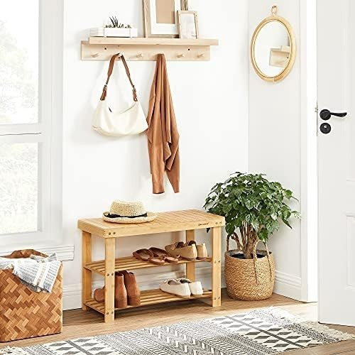 3-Tier Bamboo Shoe Bench Storage Rack 70cm Hallway Living Room Organizer