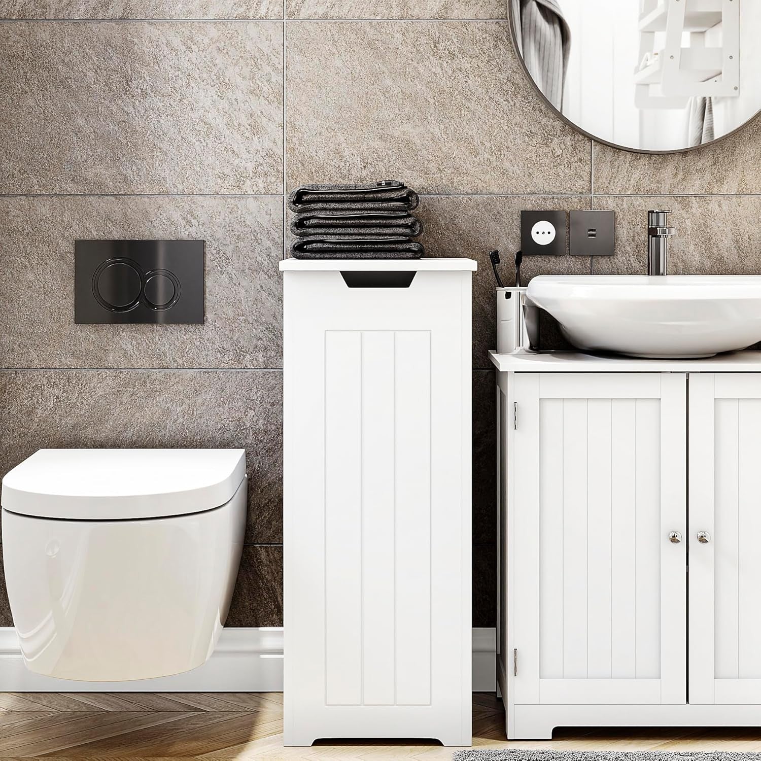 Slim White Laundry Hamper Cabinet Modern Bathroom Storage Unit 77x30x30cm