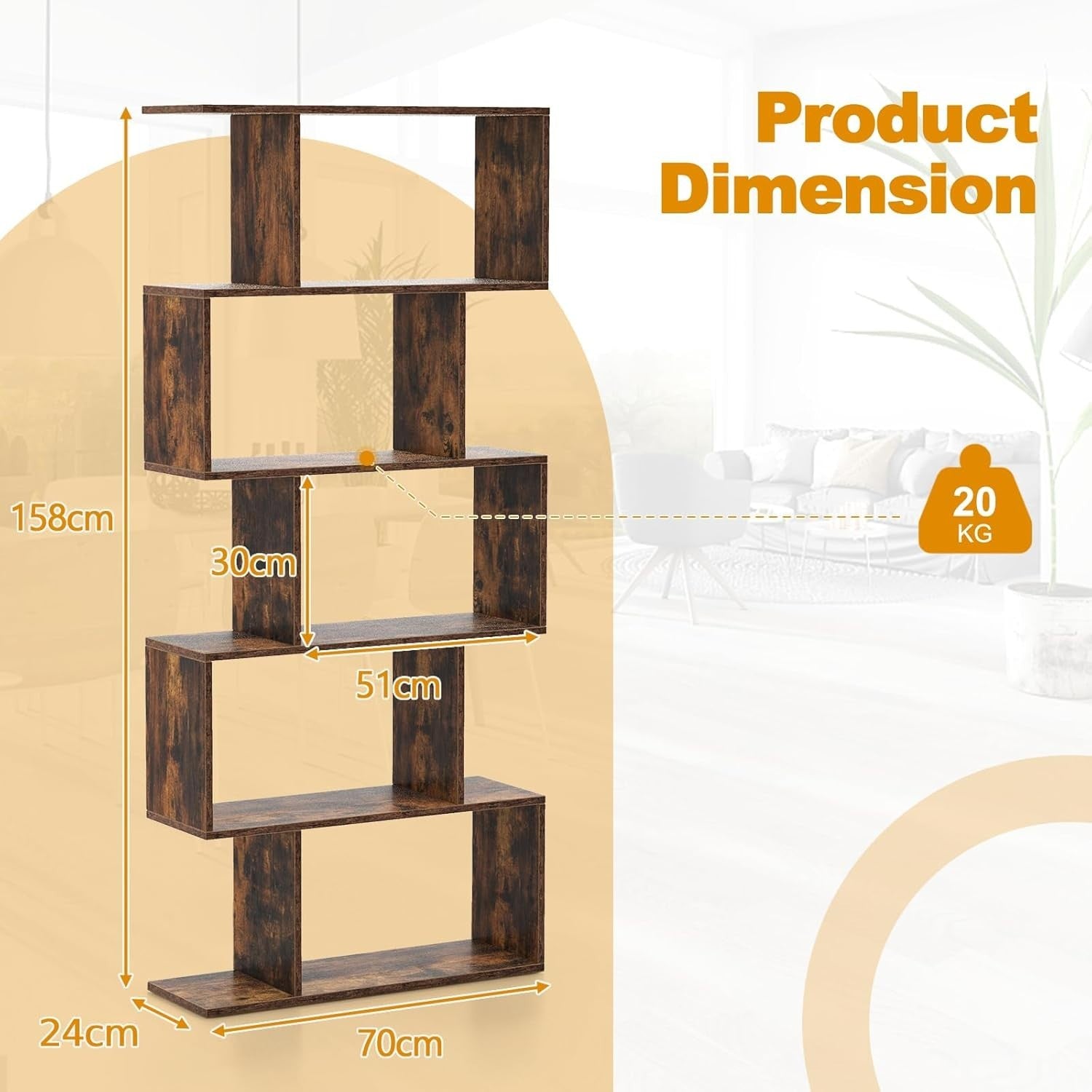 S Shaped 5 Tier Wooden Bookcase Freestanding Display Storage Shelf Rustic Brown
