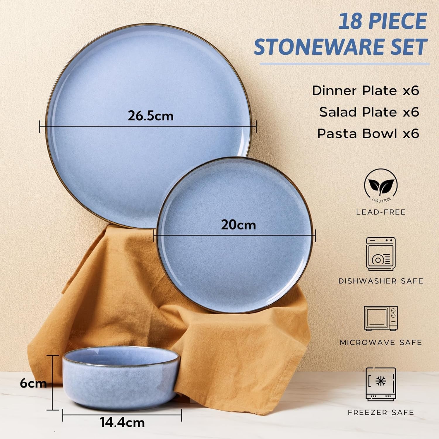18pc Stoneware Dinner Set for 6 Blue Plates Bowls Microwave Safe