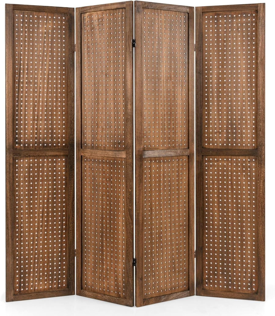 4 Panel Wooden Room Divider Folding Privacy Screen Pegboard Partition 160x170cm