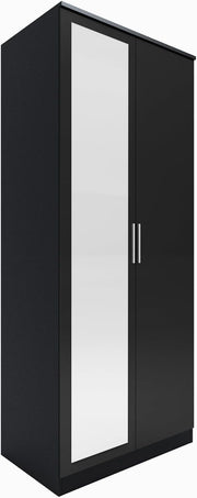 Black Gloss 2 Door Wardrobe Mirror Soft Close Storage Rail Shelves