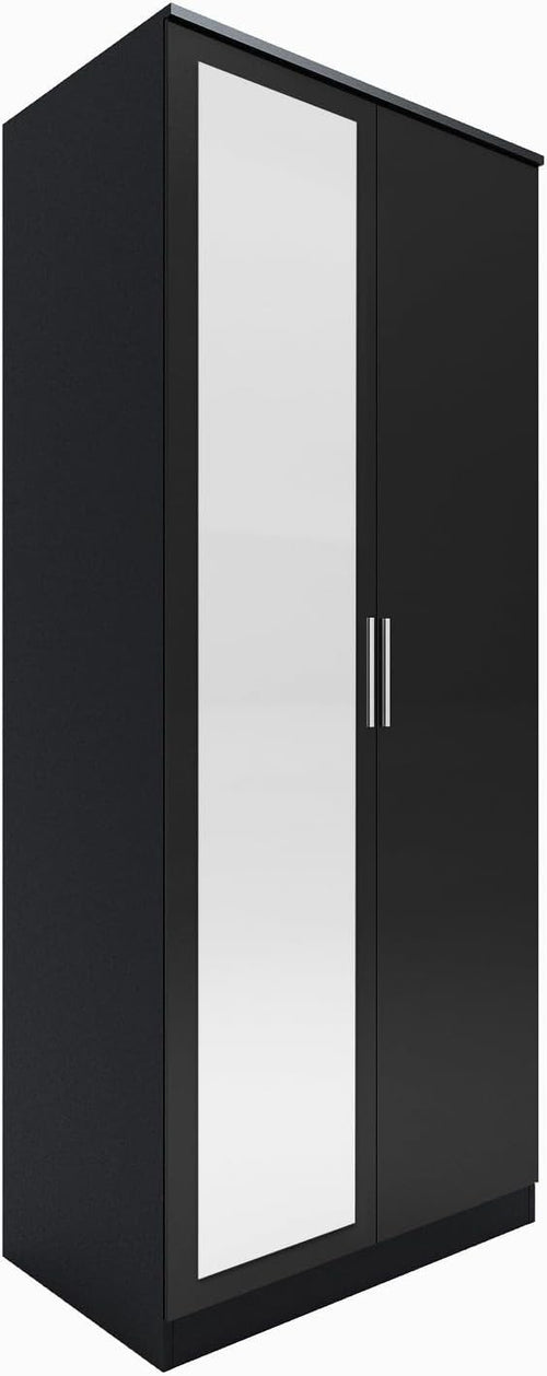 Black Gloss 2 Door Wardrobe Mirror Soft Close Storage Rail Shelves