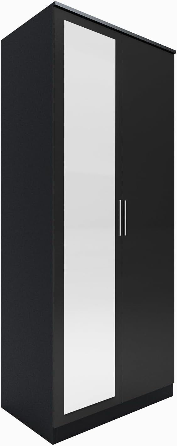 Black Gloss 2 Door Wardrobe Mirror Soft Close Storage Rail Shelves