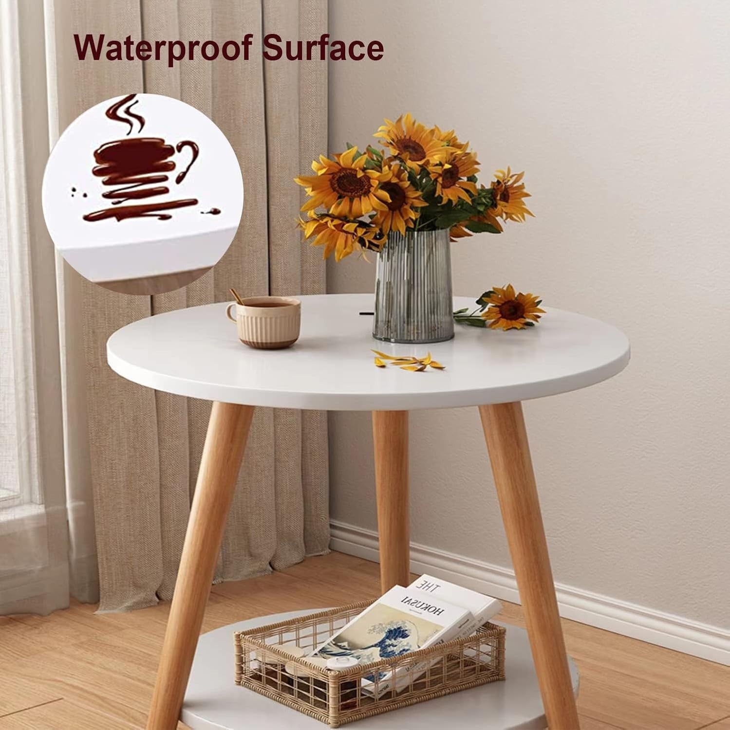 Modern 2-Tier Round Side Table with Metal Frame & Storage, 38x55cm White