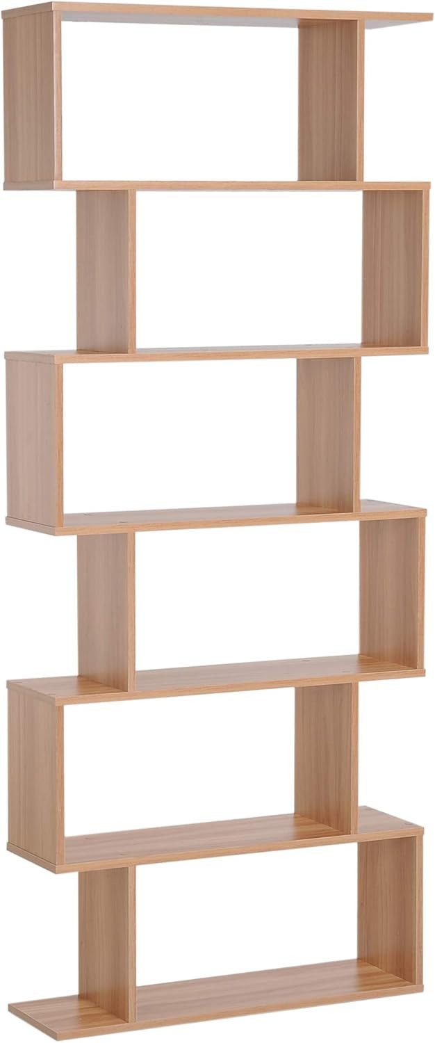 Modern S-Shape 6-Tier Bookcase Maple Wood Room Divider Display Shelf Unit