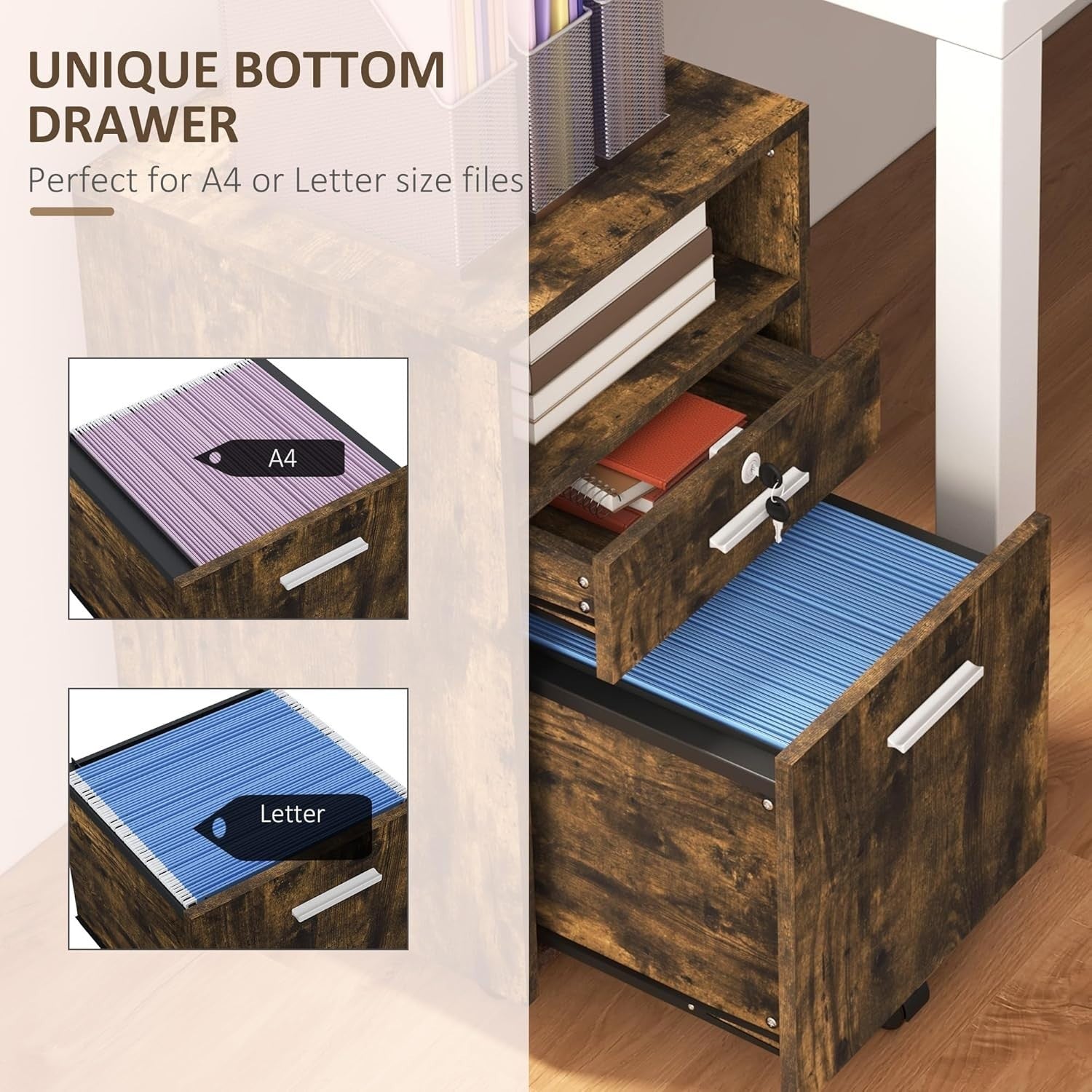 Rustic Brown Mobile File Cabinet 39x40x65cm Lockable A4 Letter