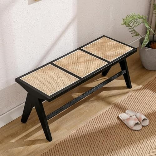 Rustic Wooden Rattan Bench Dining Entryway Seating Ottoman for Home Decor