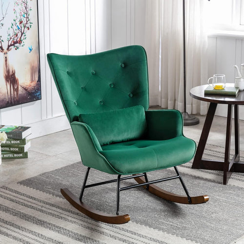 Velvet Rocking Chair for Adults – Comfy Armchair, Solid Wood Legs, Stylish Recli