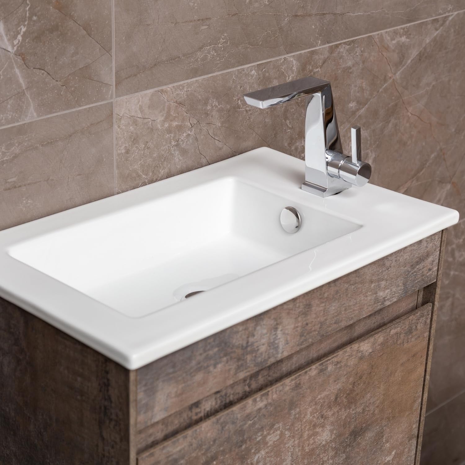 550mm Brown Wood Floor Standing Vanity Unit with Ceramic Basin & Soft Close