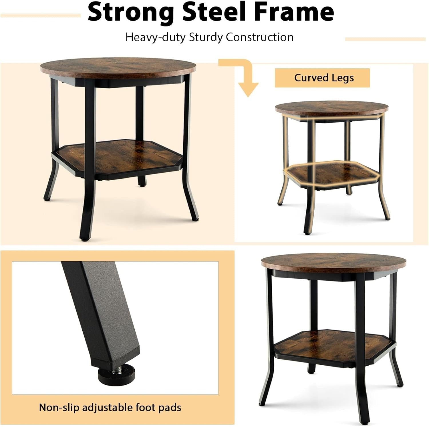 Round 2-Tier Industrial Side Table with Storage Shelf, Sturdy Metal Frame