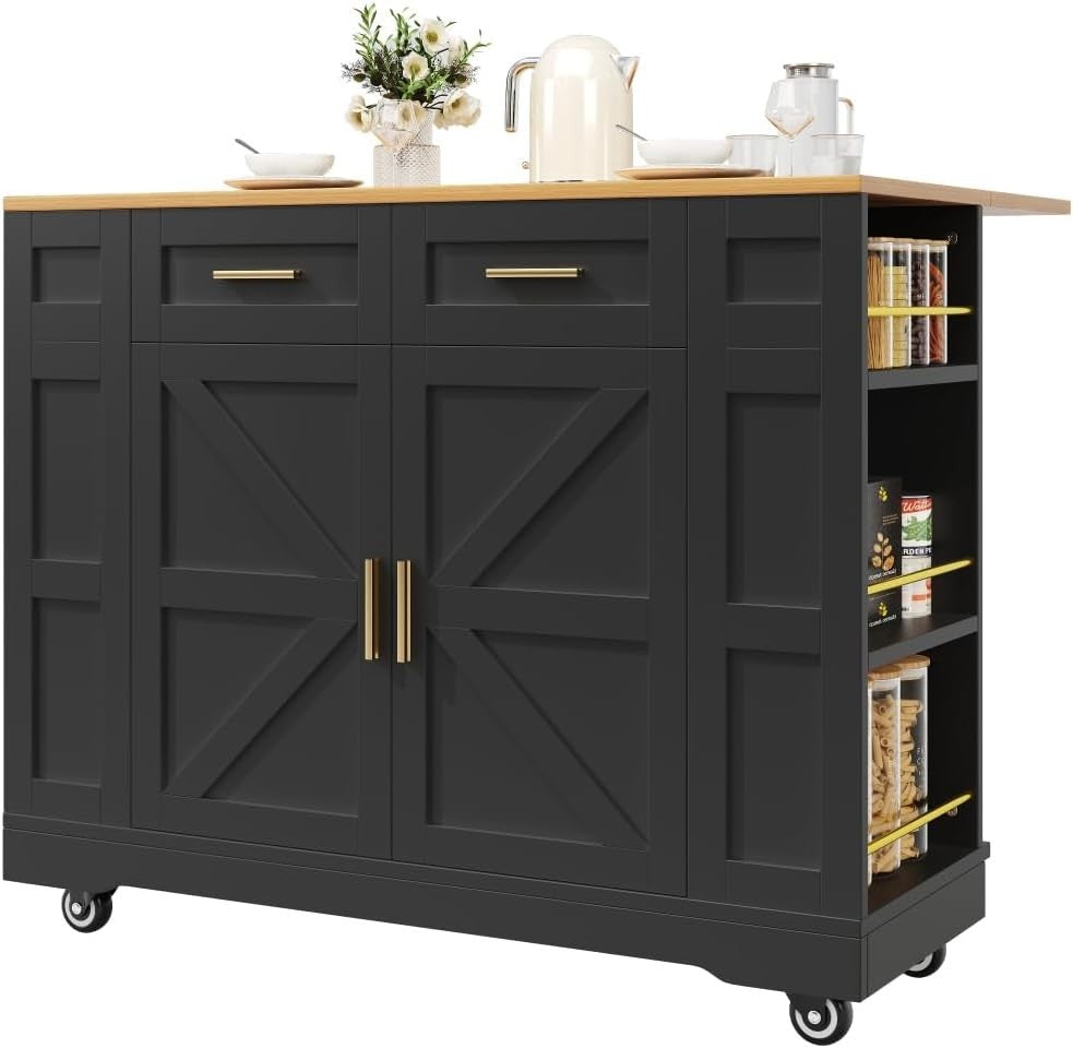 Rolling Kitchen Island Cart with Foldable Worktop, 2 Drawers & Storage Racks