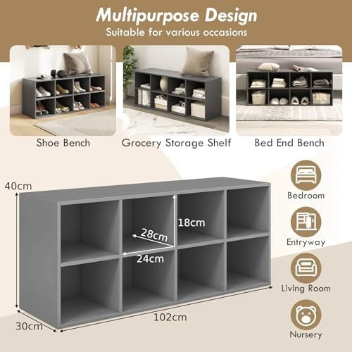 Grey Shoe Bench with 8 Compartment Storage Rack Seat for Hallway Bedroom