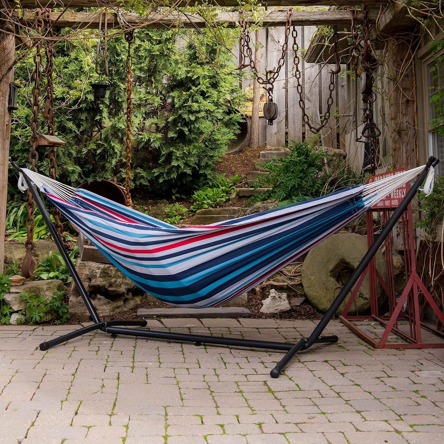 Double Cotton Hammock with Stand – 280cm Adjustable Frame, 2 Person Patio Bed
