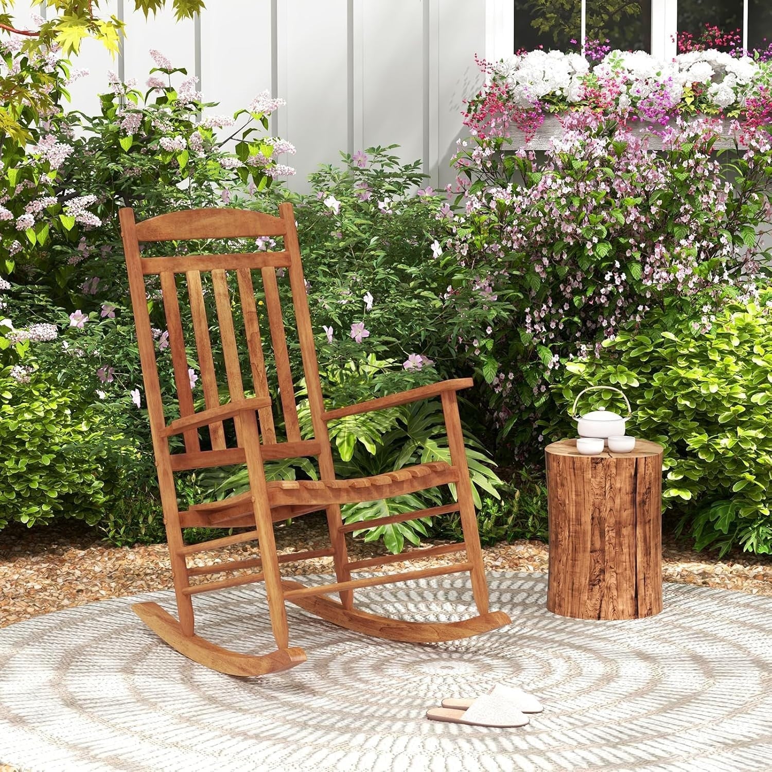 Outdoor Wooden Rocking Chair High-Back Ergonomic Patio Lounge Seat
