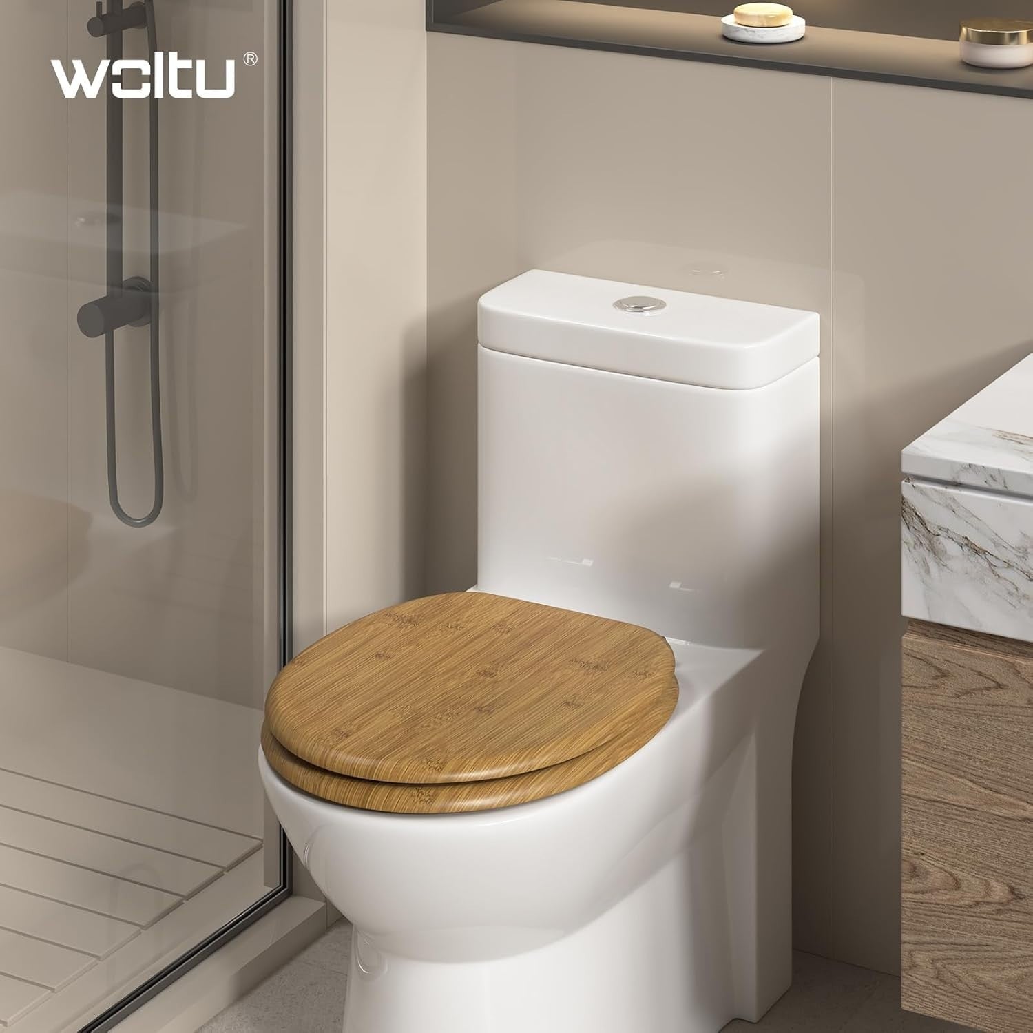 Wooden Toilet Seat Soft Close Bamboo Look MDF Heavy Duty Standard WC 43.8x37.8cm