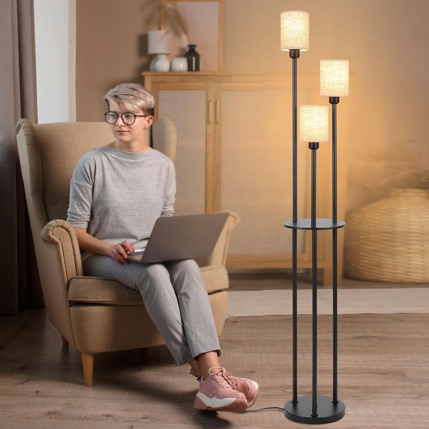 Industrial 3-Light Floor Lamp with Linen Shade, Shelves & Foot Switch