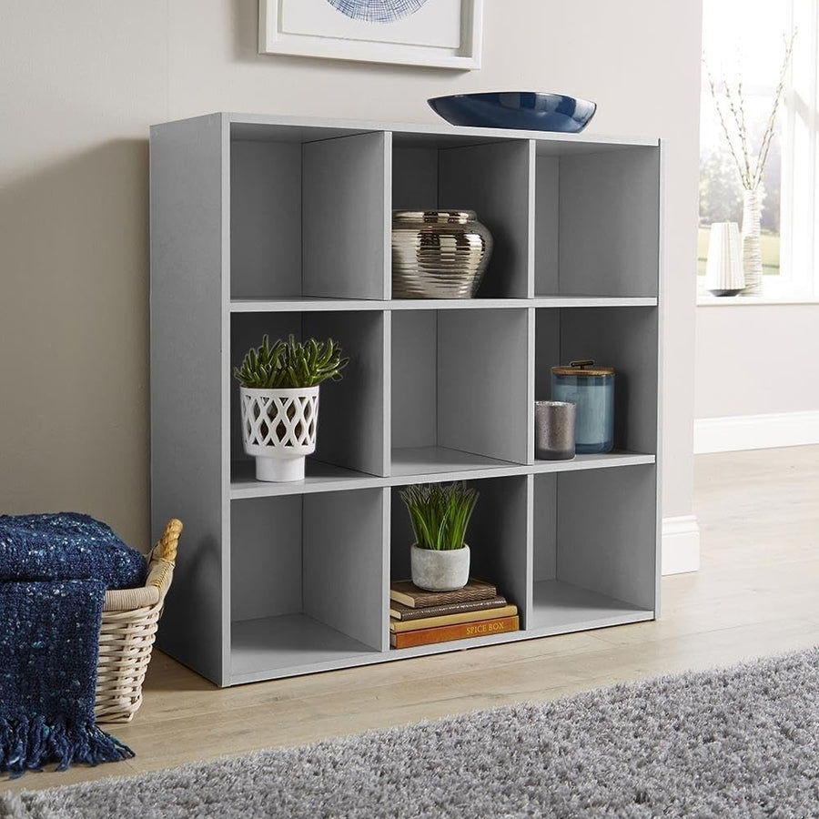 9 Cube Storage Shelf Grey Wooden Bookcase Display Unit 90cm