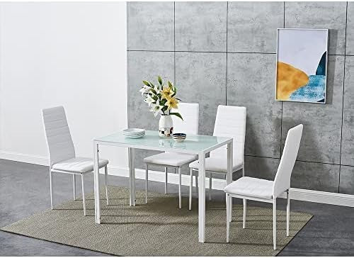 White Glass Dining Table with 4 PU Chairs Contemporary Set 120x80x75cm