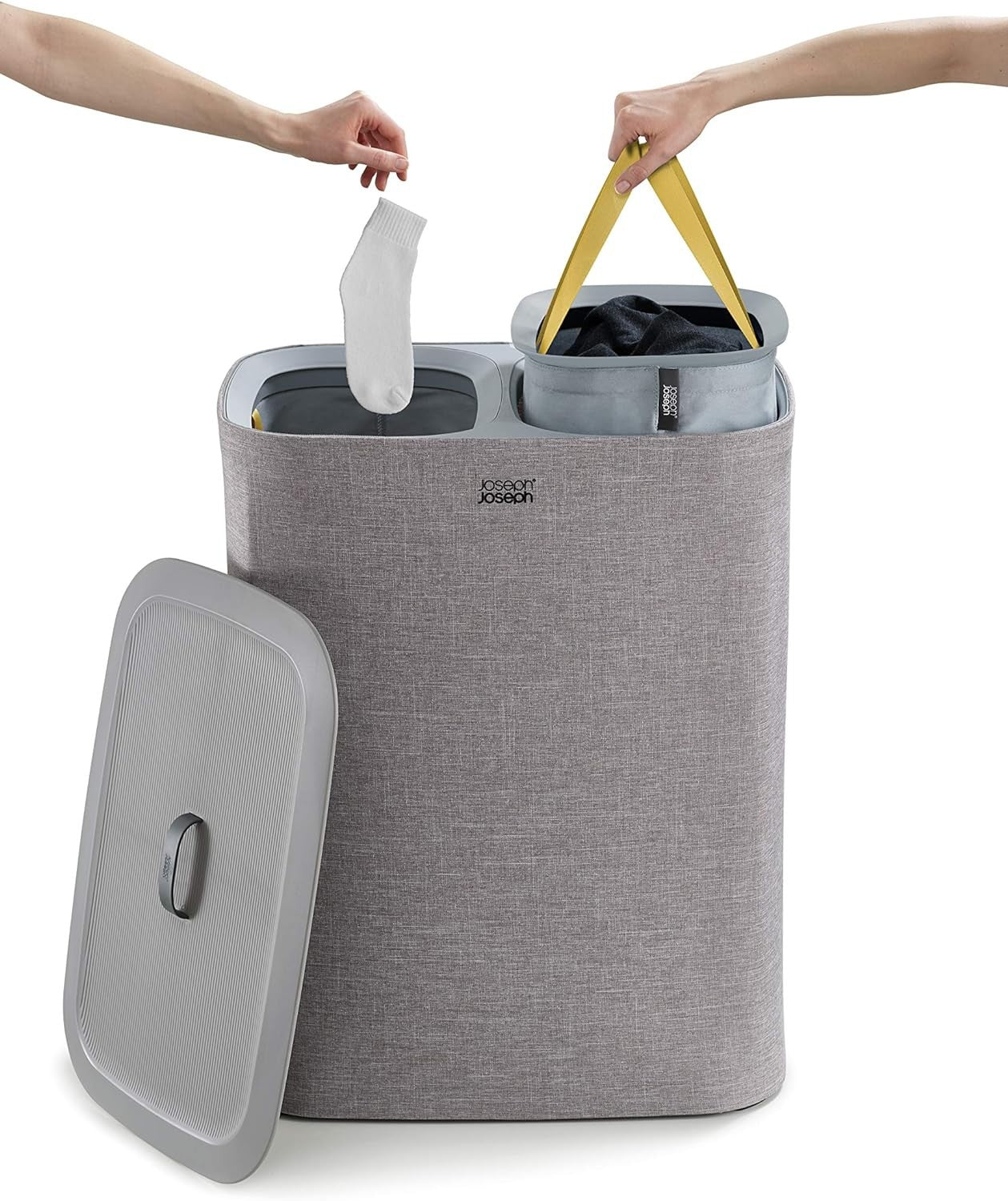 90L Dual Compartment Laundry Basket with Lid Removable Bags Grey Modern
