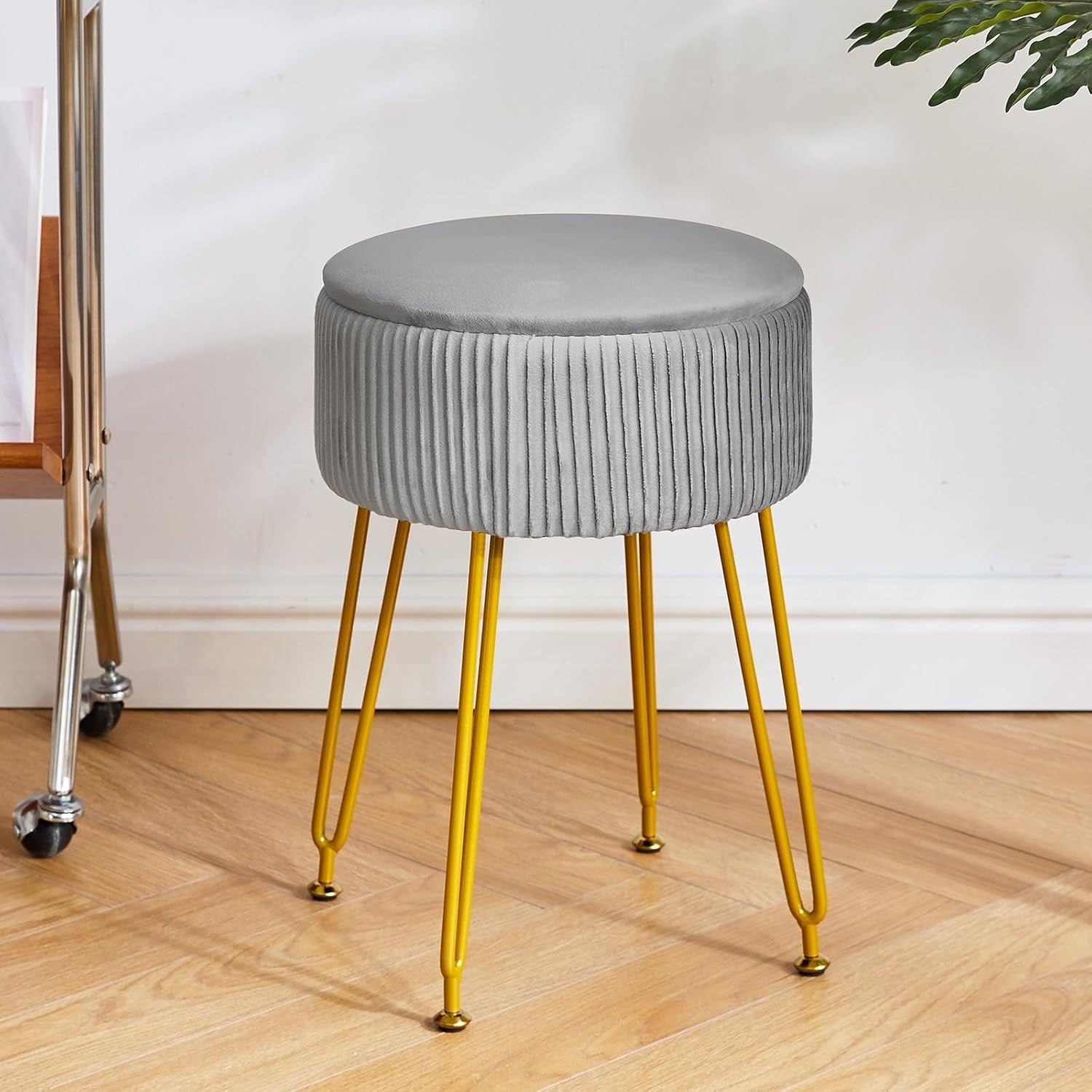 Grey Velvet Storage Footrest Ottoman – Round Vanity Stool with Gold Legs