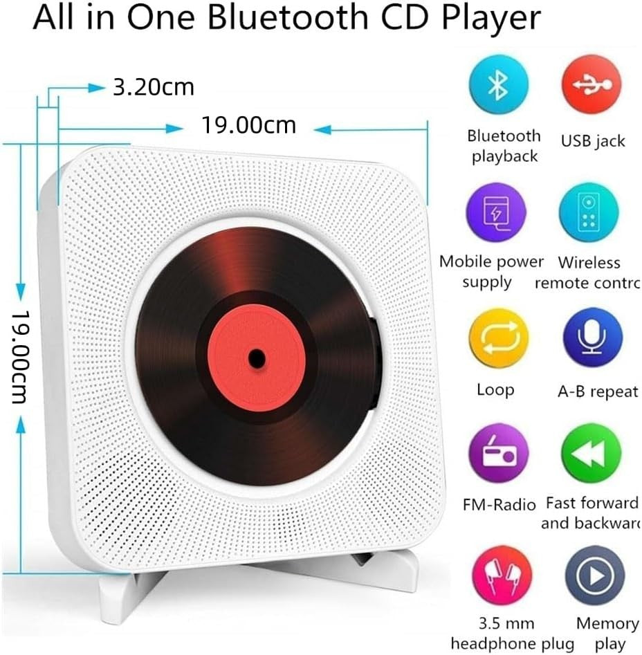 Bluetooth CD Player Wall Mounted HiFi Speakers FM Radio Remote White