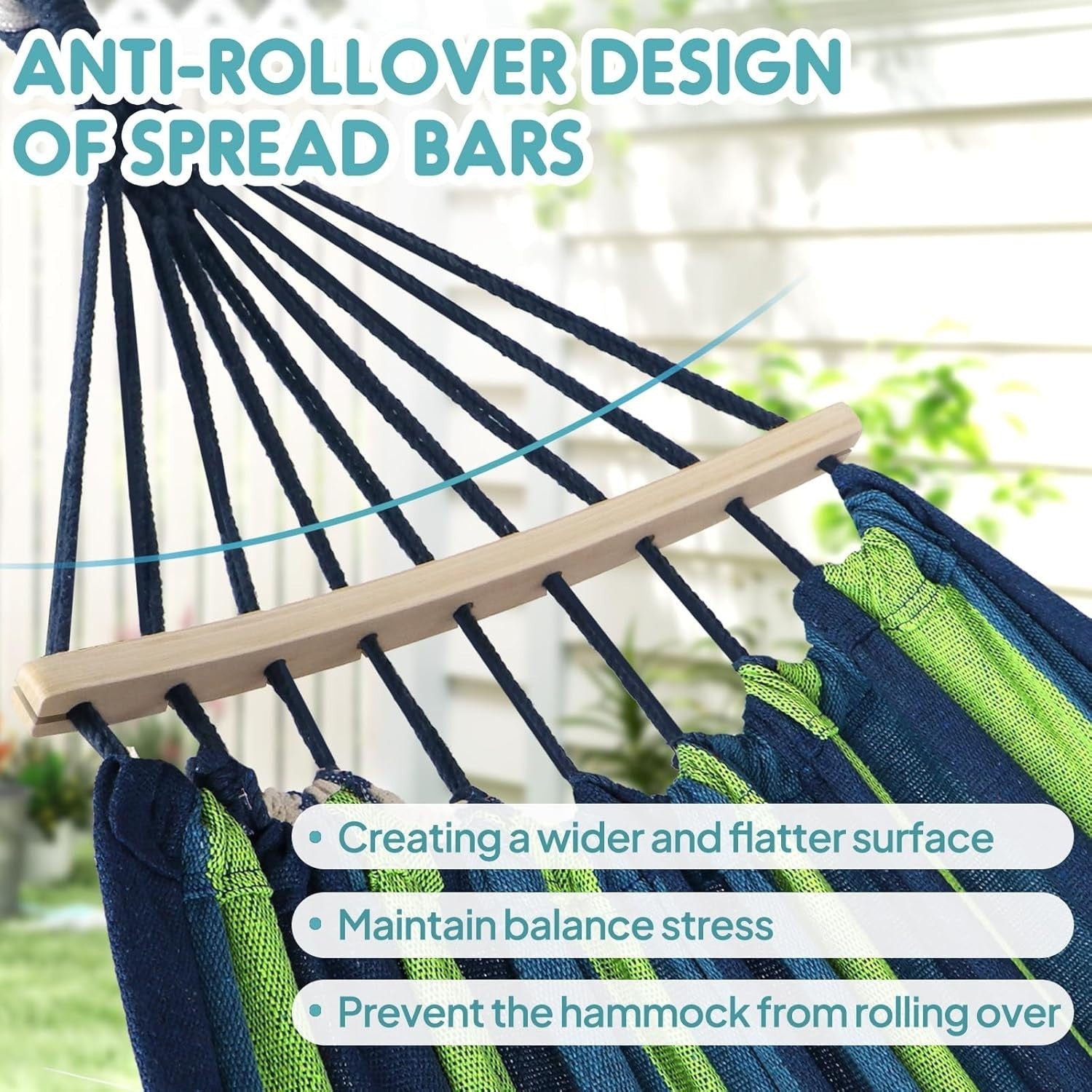 Outdoor Cotton Hammock with Spreader Bars & Tree Straps – Portable - Blue/Green