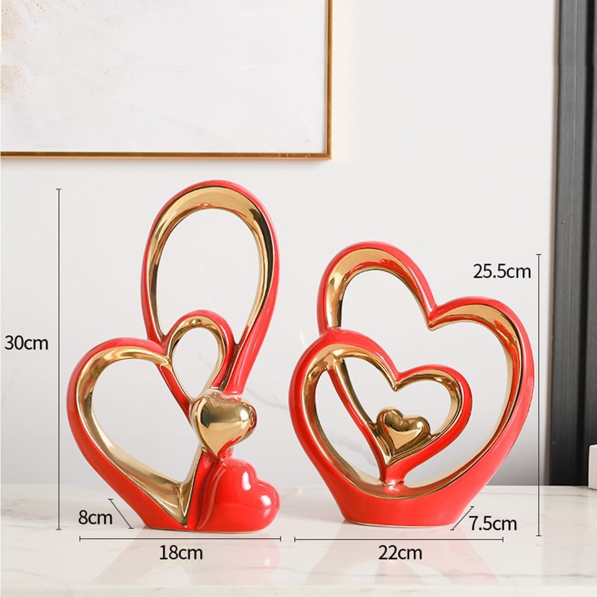 Red Gold Double Heart Ceramic Sculpture Modern Romantic Home Decor Ornament Gift