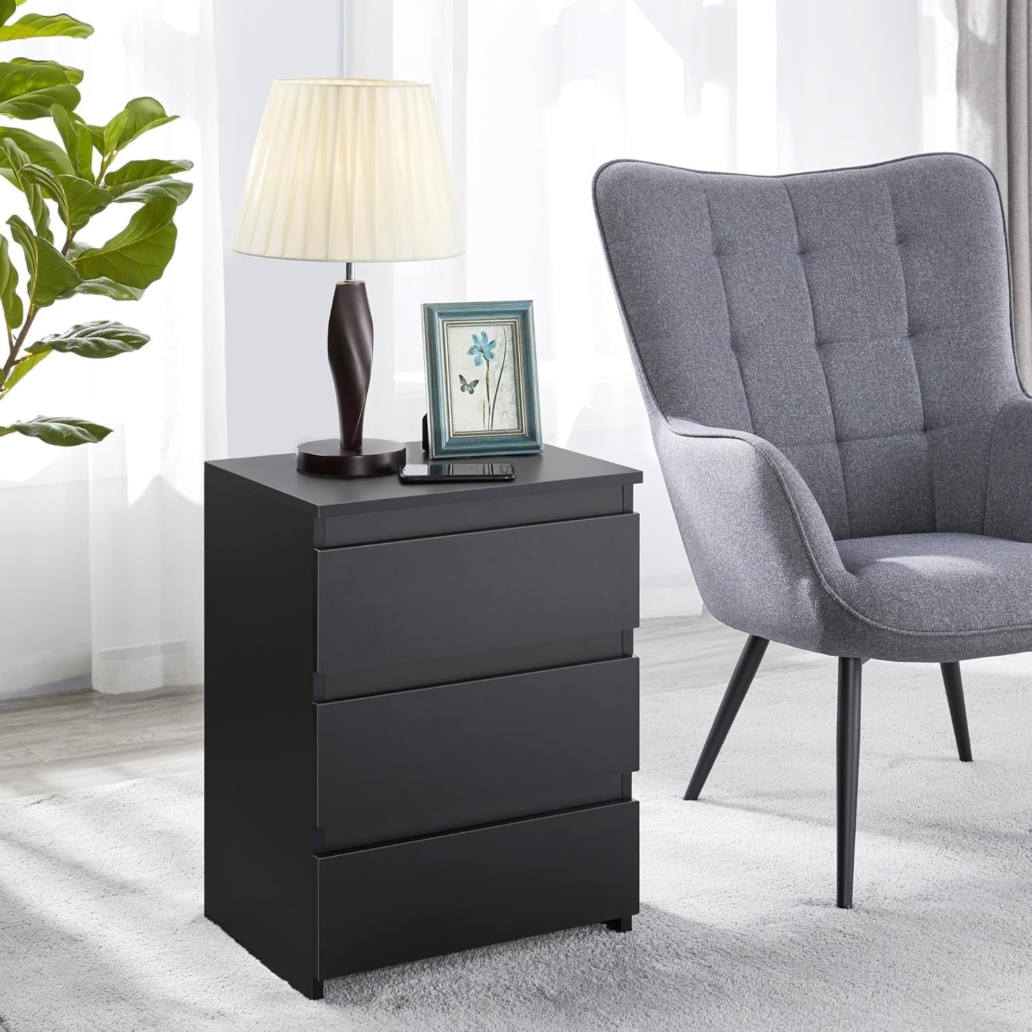 Set of 2 Black Bedside Tables with Drawers Modern Wooden Nightstands Bedroom