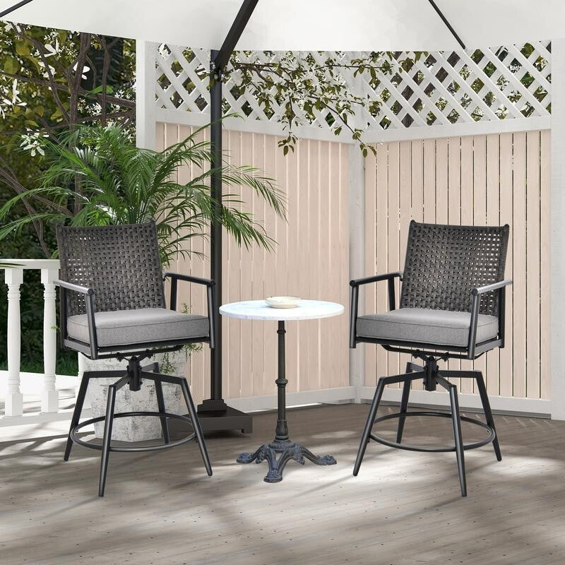 2x Outdoor Swivel Bar Stools with Cushions Rattan Garden Chairs Patio Set
