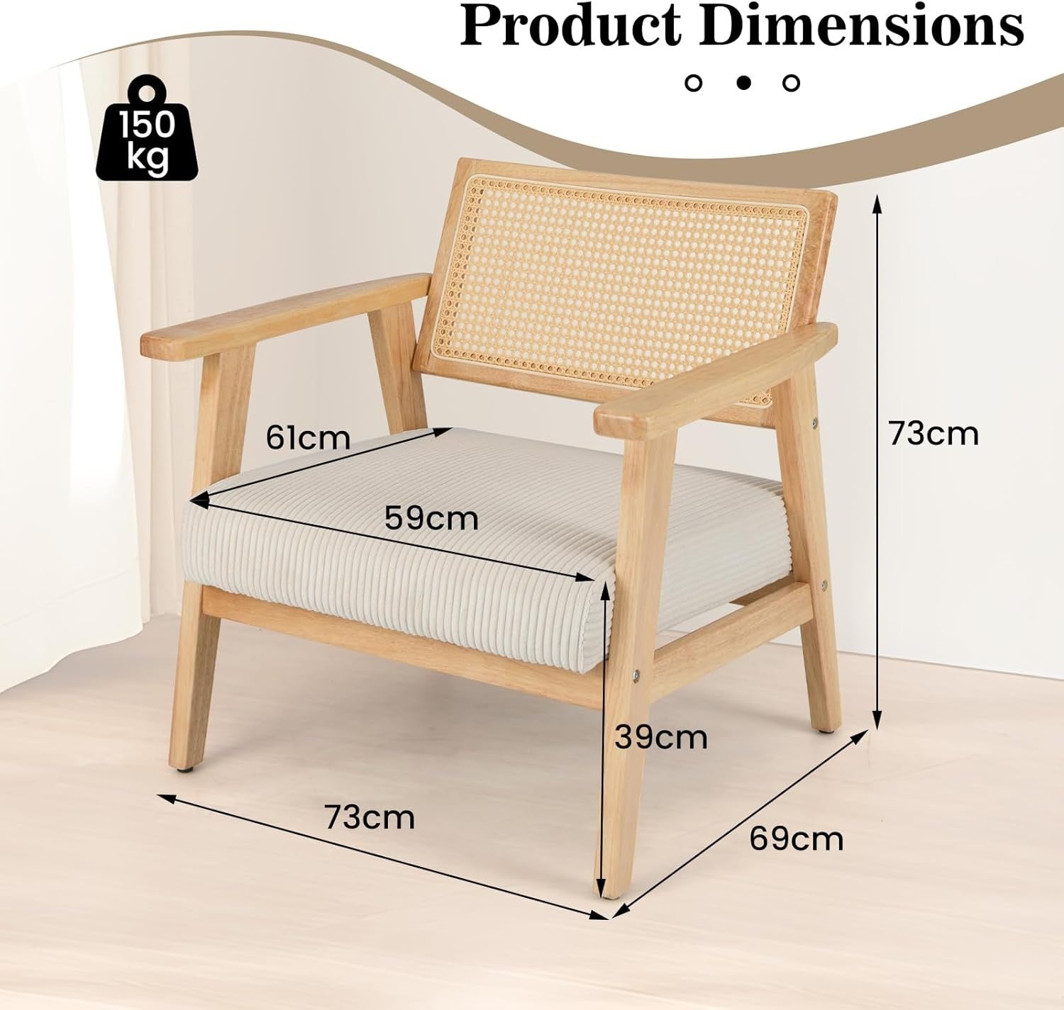 Corduroy Accent Chair Rattan Back Wood Frame Lounge Armchair