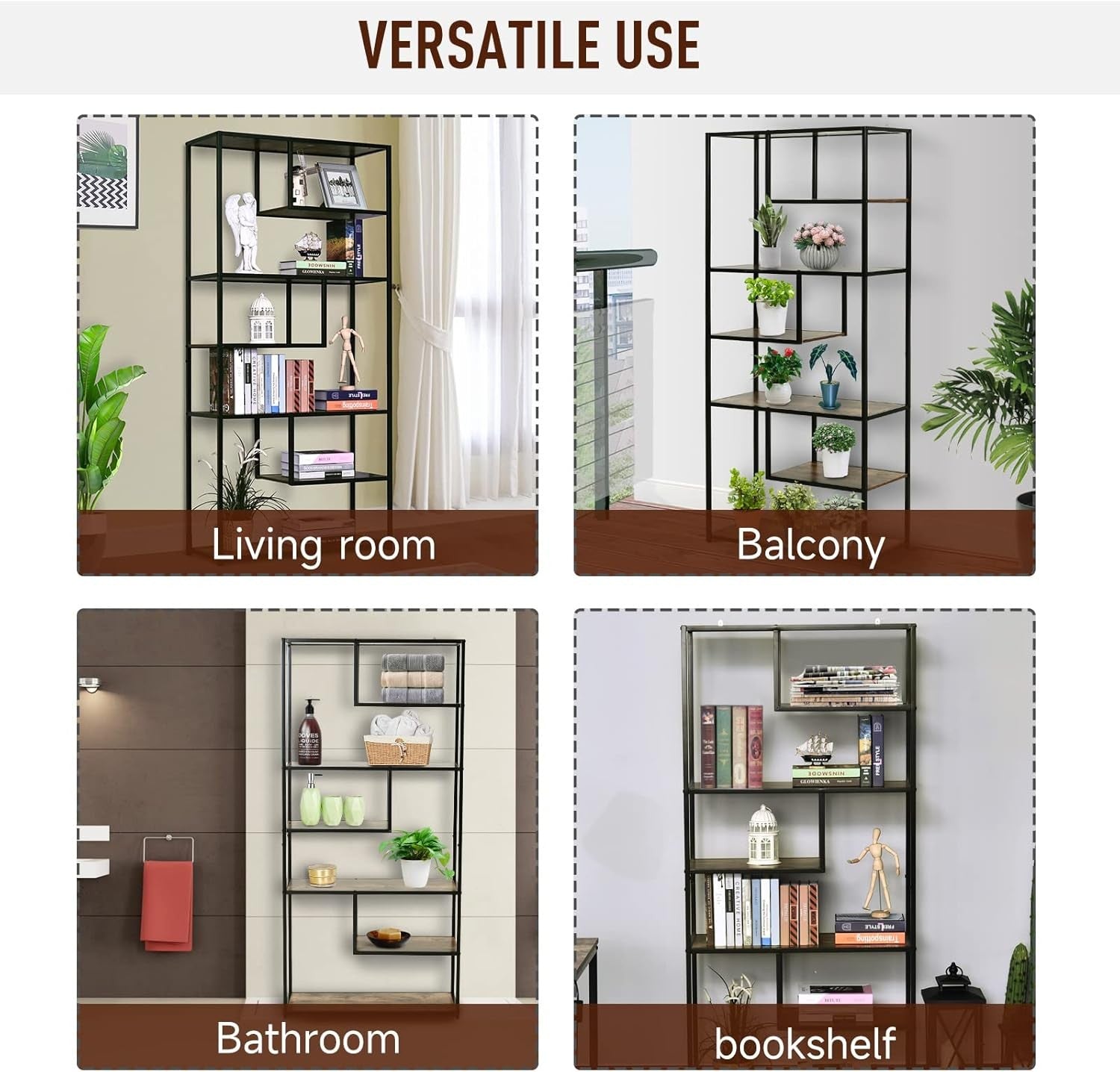 Industrial 6-Tier Bookcase Rustic Brown & Black Tall Metal Frame Display Shelf
