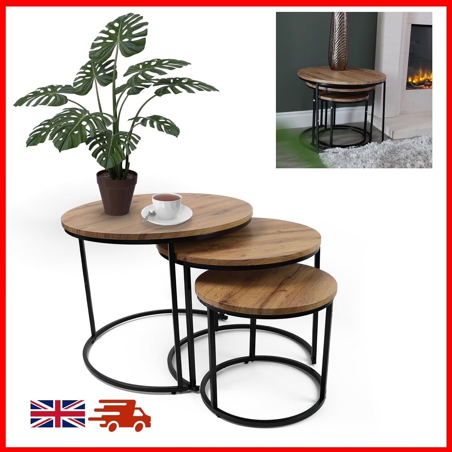Nesting Coffee Table Set of 3 – Modern Round Side Tables Space Saving Light Oak