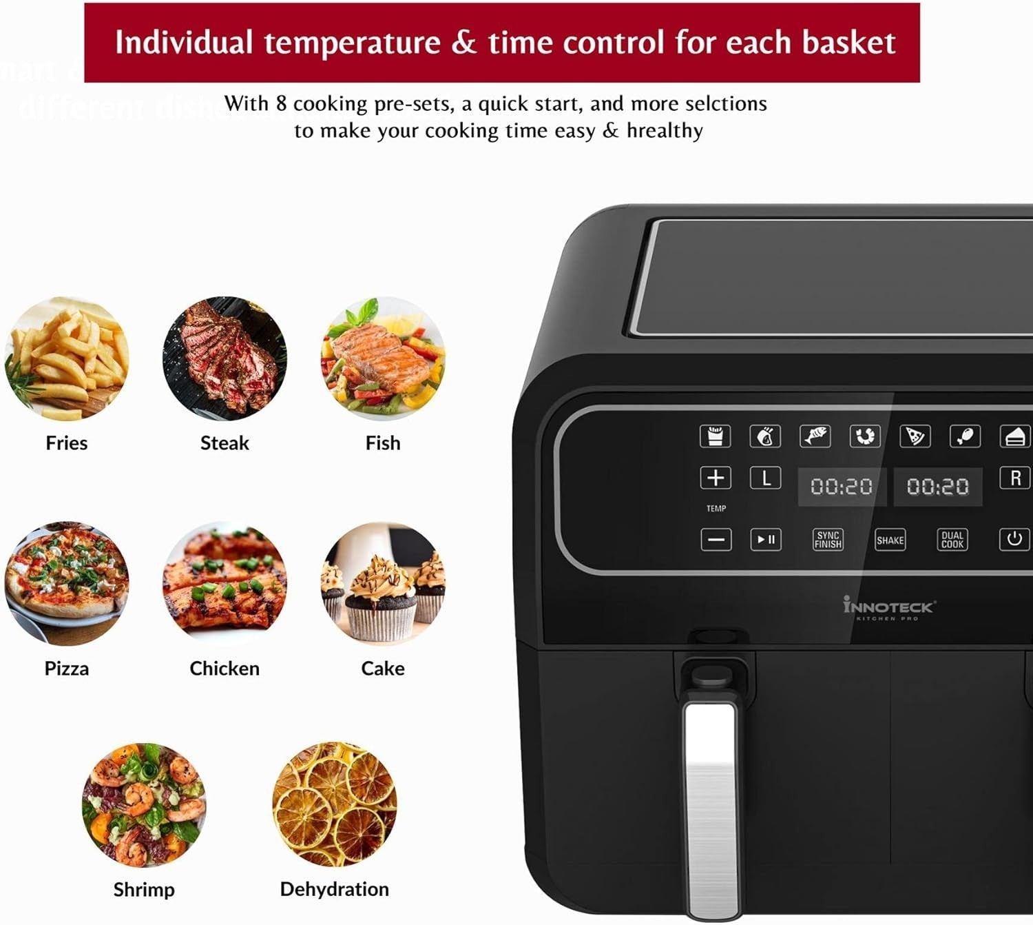 8L Dual Basket Digital Air Fryer | 8 Presets | Dual Zone Cooking | 1700W