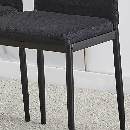 Round Glass Dining Table Set with 4 Black Linen Chairs for Small Spaces