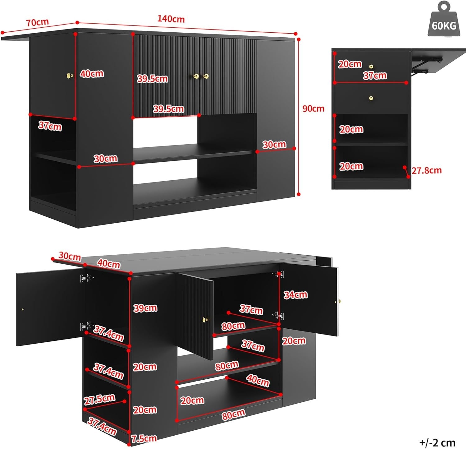 Kitchen Island with Fold Out Table, Storage Cabinet & Drawers, Black