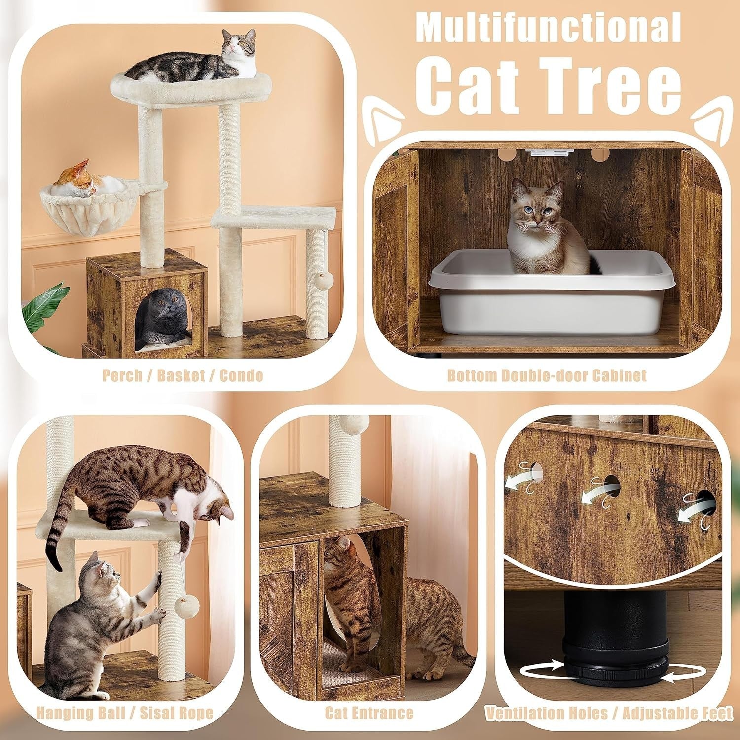 Rustic Cat Tree with Litter Box Enclosure Wooden Condo Tower Beige Brown
