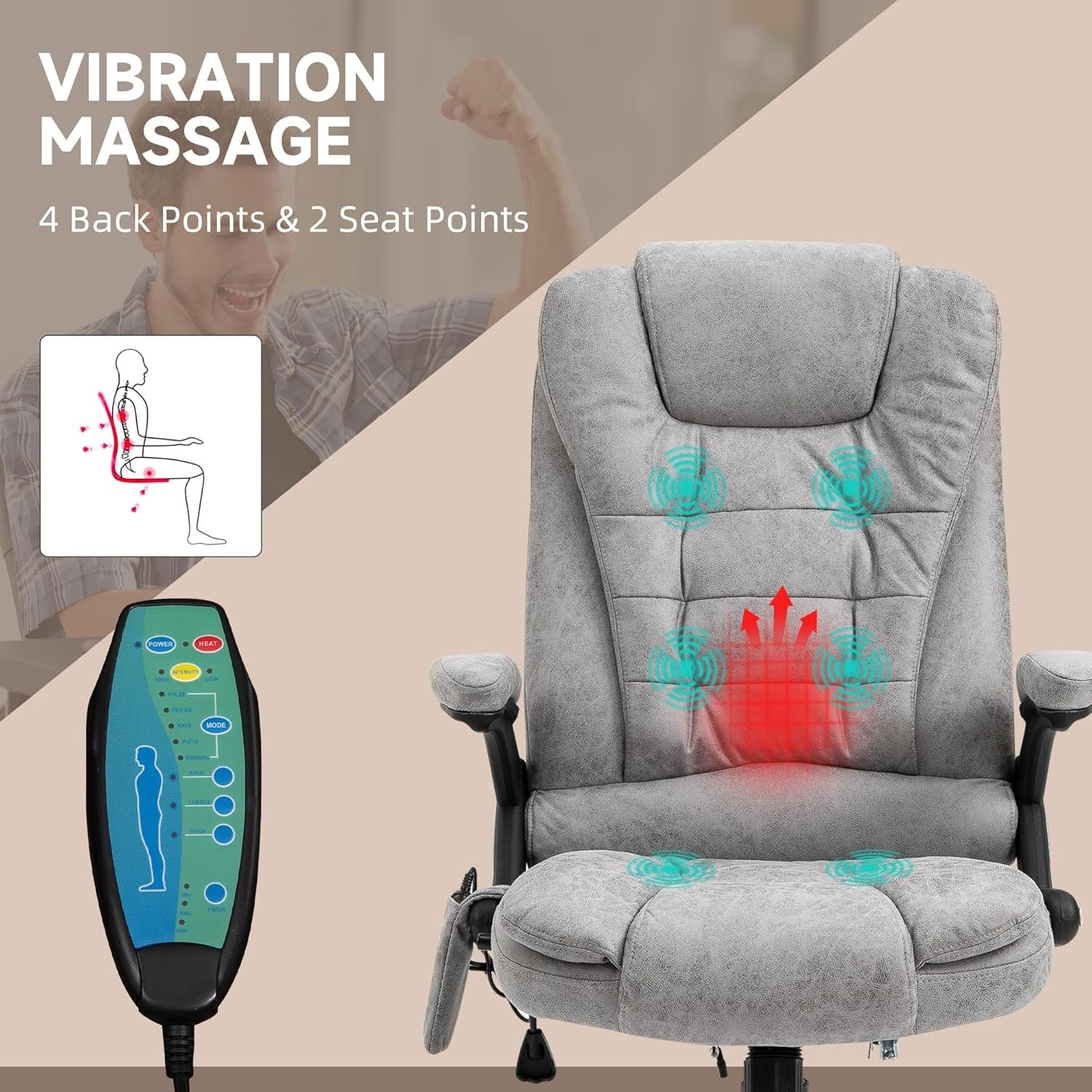 Heated Massage Office Chair 6 Point High Back Microfiber Grey